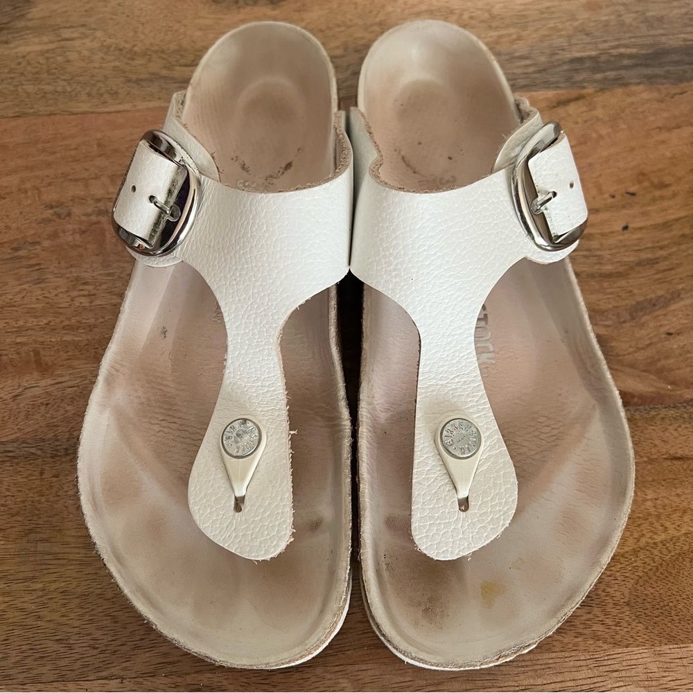 Birkenstock Gizeh Big Buckle White Leather Sandals Size 8-8.5